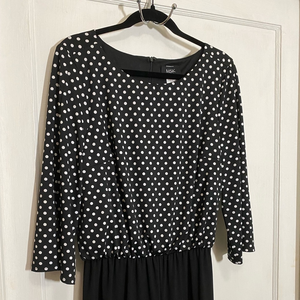 MSK Silky Knit Jumpsuit XL NWT Polka Dot/Solid Black Zipper/Elasticated Waist